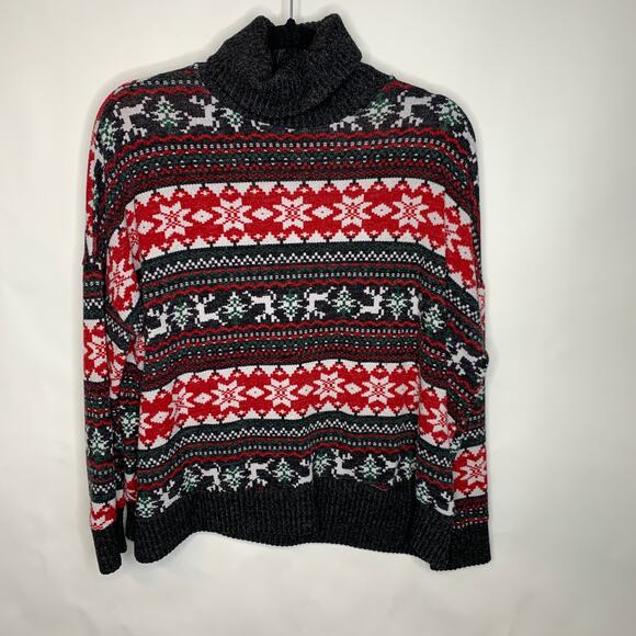 Gray Red White Oversized Sweater Turtleneck Sz Large - Picture 1 of 6